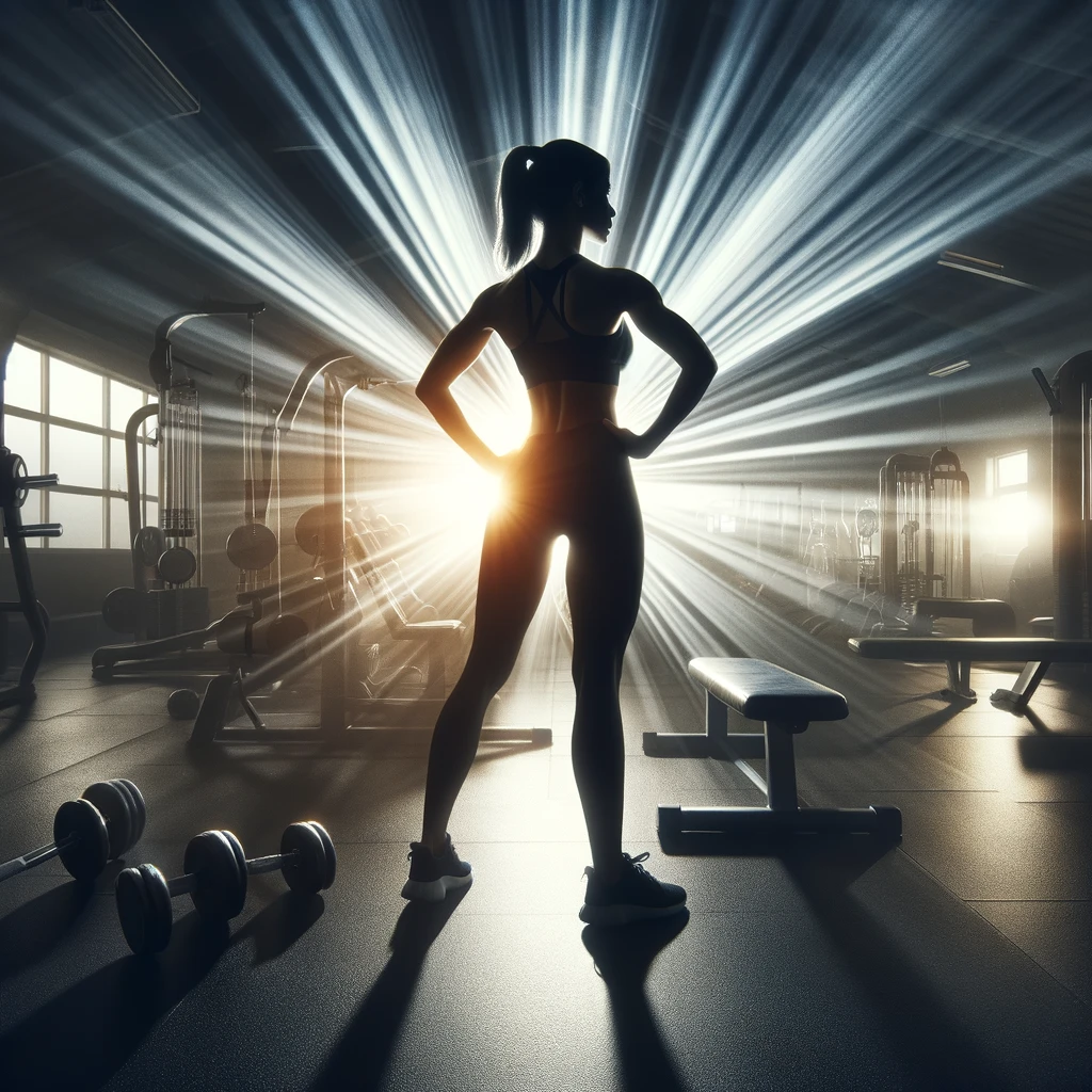 silhouette of a female personal trainer in a gym, highlighted by dramatic rays of light