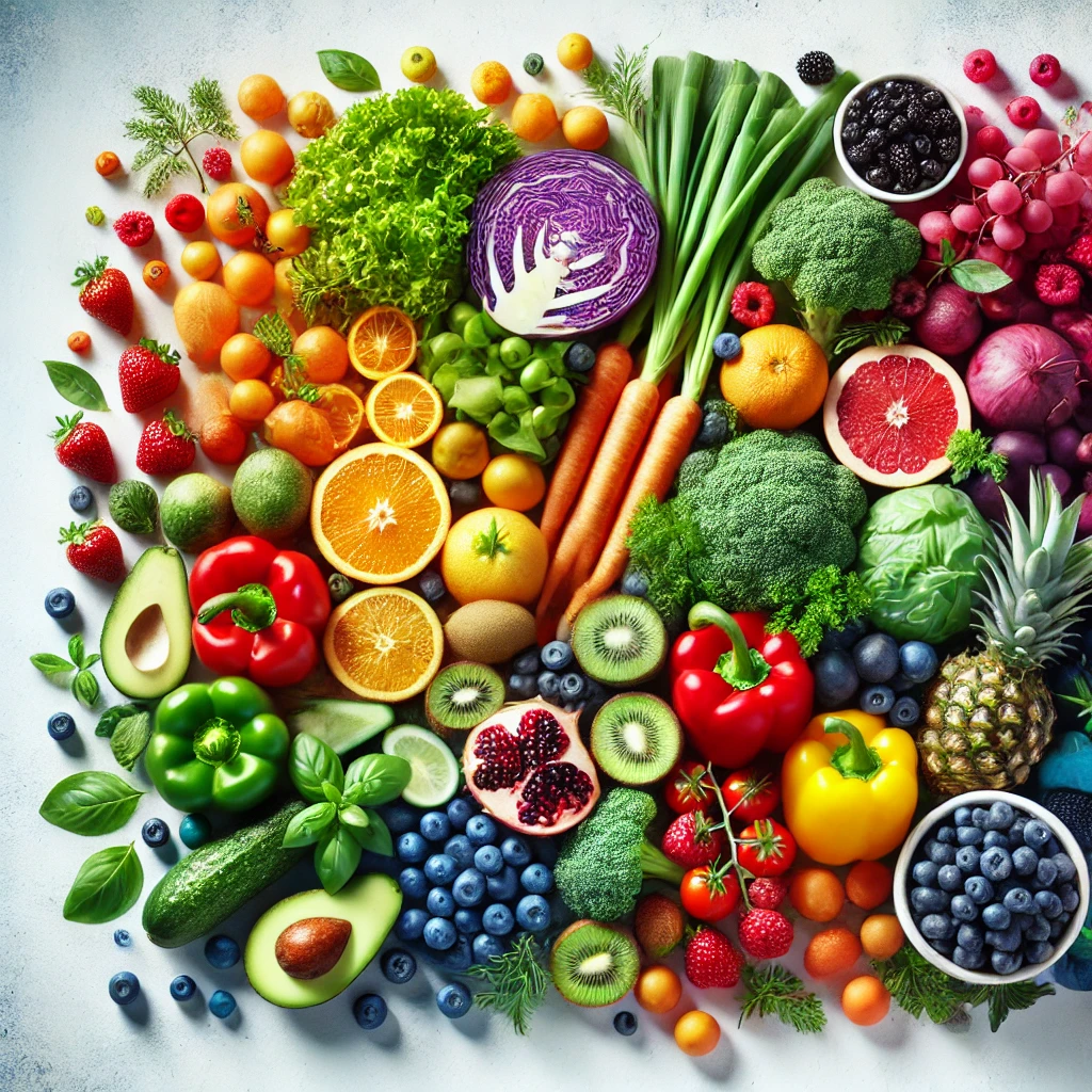 a vibrant and colorful image showcasing a variety of fruits and vegetables arranged in a visually appealing manner. The scene highlights the diverse range of colors and shapes, conveying the importance of dietary diversity and the health benefits of eating a wide range of produce. 